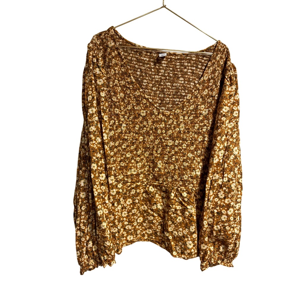 Old Navy Womens 2X Mustard Yellow Floral Smocked V-Neck Peplum Blouse Top